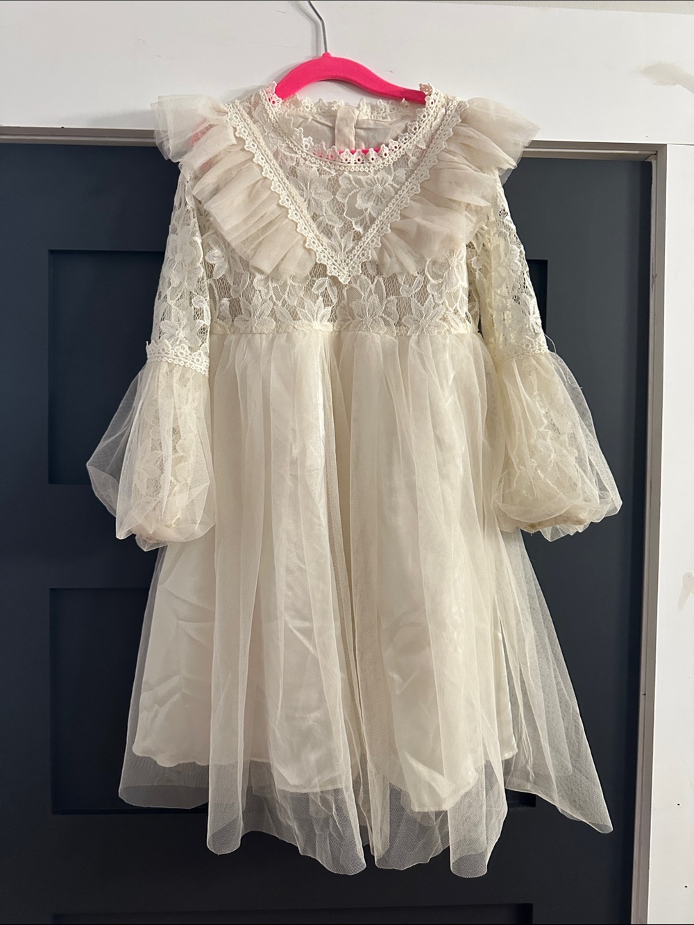 Girls Cream Lace & Tulle Ruffle Collar Party Dress